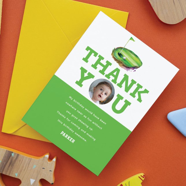 Cartão De Agradecimento Foto personalizada do primeiro aniversário de golf (Criador carregado)