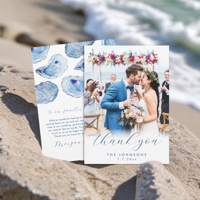 Cartão De Agradecimento Foto Plana De Casamento De Praia Da Oyster Waterco (Oyster Wedding Thank You Cards with elegant blue watercolor illustration and photo. Concertina Press)