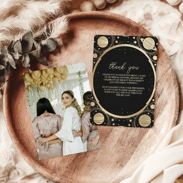 Cartão De Agradecimento Foto Preto Ouro Celestial Crescente Lua Nupcial (Criador carregado)