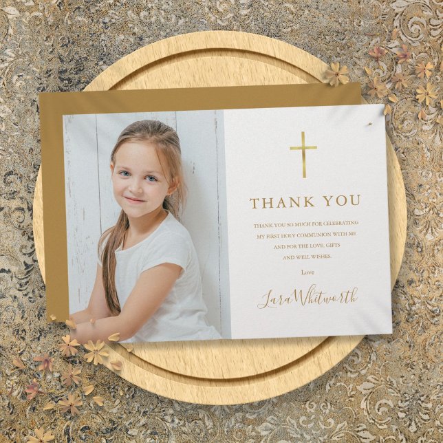 Cartão De Agradecimento Foto: Primeira Sagrada Assinatura do Ouro de Comun (Photo First Holy Communion Golden Signature Thank You Card)