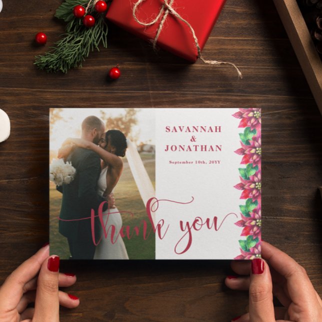 Cartão De Agradecimento Foto Red Poinsettia Holiday Wedding (Criador carregado)