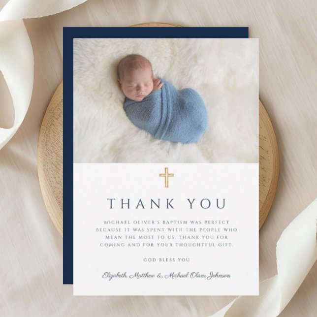 Cartão De Agradecimento Foto religiosa azul-Marinho legante (Elegant Navy Blue Religious Boy Photo Thank You Card)