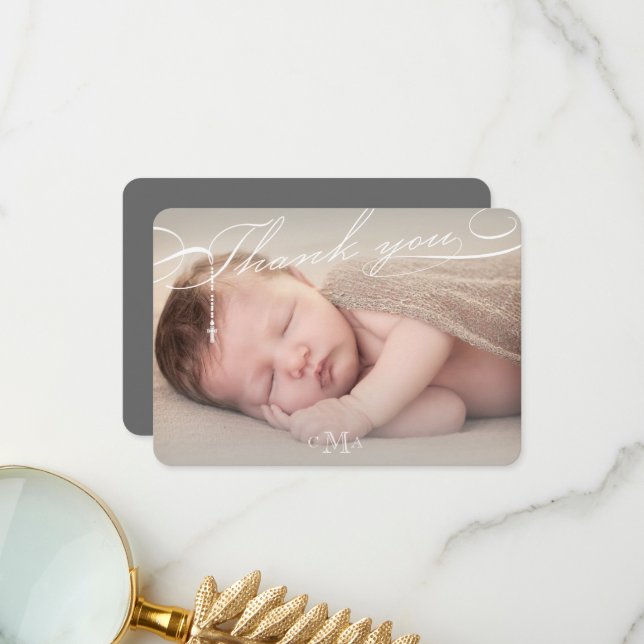 Cartão De Agradecimento Foto Religiosa do Script Rosary Cross Monogramas (Frente/Verso In Situ)