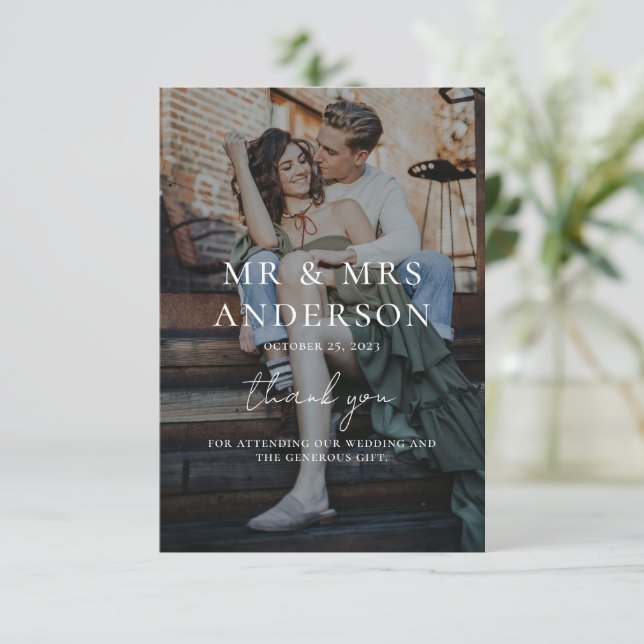 Cartão De Agradecimento Foto Romântica de Casamento de Texto Branco da Sob (Em pé/Frente)