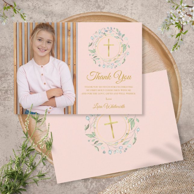Cartão De Agradecimento Foto Rosa Blush, Primeira Comunhão Verde (Criador carregado)