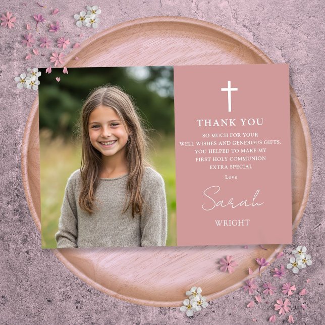 Cartão De Agradecimento Foto rosa Rosa Dusty Primeira Comunhão Sagrada (Dusty Rose Pink Photo First Holy Communion Thank You Card)