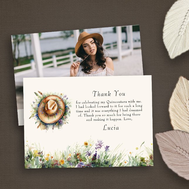 Cartão De Agradecimento Foto Rustic Floral Wildflower Cowgirl (Photo Thank You Card from my Wildflower Cowgirl Hat Quinceanera Collection
)