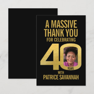 Cartão De Agradecimento Foto simples de 40º aniversário preto e dourado