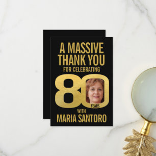 Cartão De Agradecimento Foto simples de 80º aniversário preto e dourado