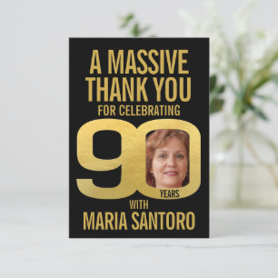 Cartão De Agradecimento Foto simples de 90º aniversário preto e dourado