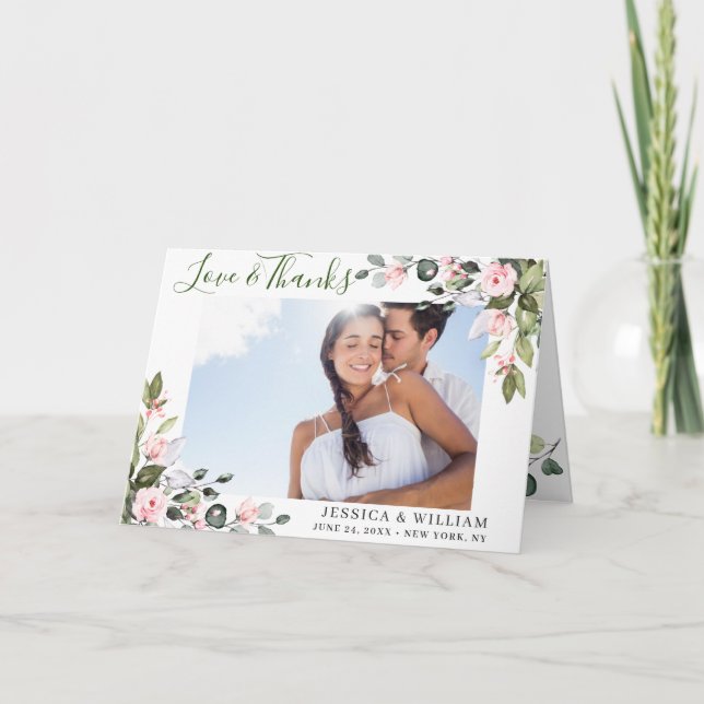 Cartão De Agradecimento FOTO Simples Elegante Eucalyptus Blush Roses Rosa (Frente)