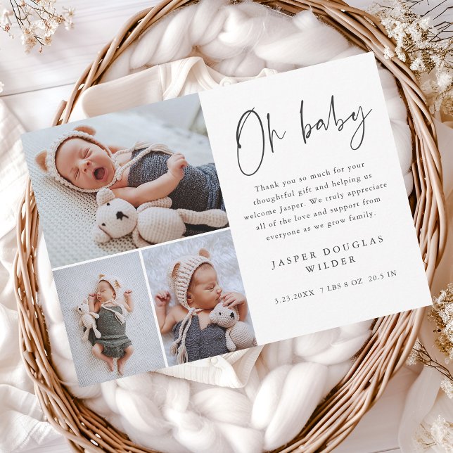 Cartão De Agradecimento Foto Simples - Oh Baby (Simple 3 photo oh baby announcement thank you cards.)