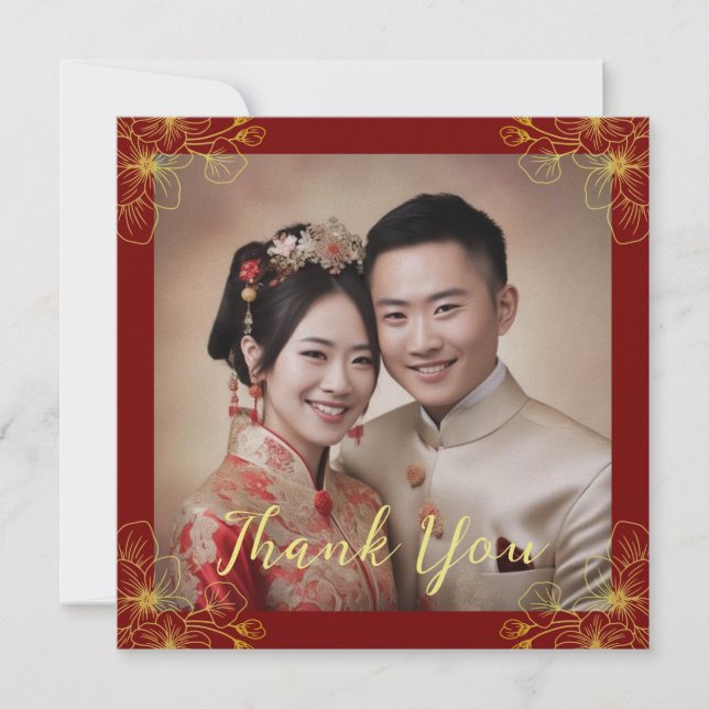 Cartão De Agradecimento Foto vermelha de casal floral chinesa do casamento (Frente)