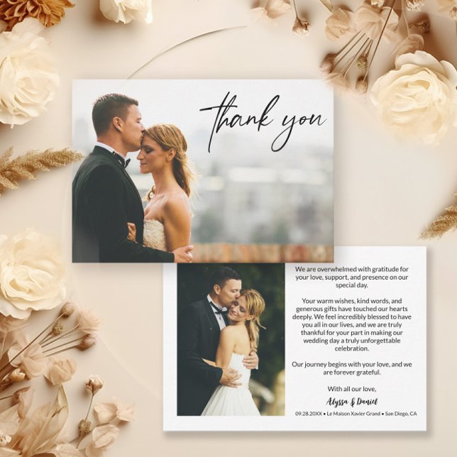 Cartão De Agradecimento Fotografias de Casamento Personalizadas 2 Modernas (Modern 2 wedding photo horizontal thank you cards.)