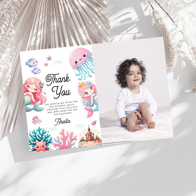 Cartão De Agradecimento Fotos de Aniversário Infantil de Sereias Debaixo d (Criador carregado)