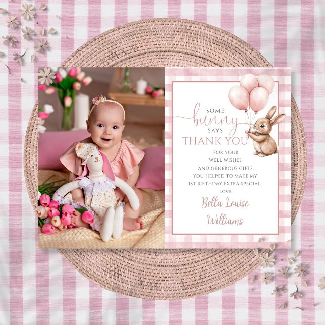 Cartão De Agradecimento Fotos de balões cor-de-rosa de coelho Festa de 1º  (Bunny Pink Balloons Photo 1st Birthday Party Thank You Card)