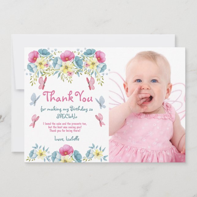 Cartão De Agradecimento Fotos de Borboletas com Flores Rosa de Aniversário (Frente)