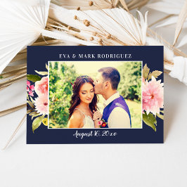 Cartão De Agradecimento Fotos de casamento com flores de aquarela rosa Nav