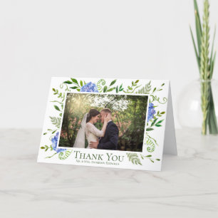 Cartão De Agradecimento Fotos de Casamento com Hortênsias Azuis em Aquarel