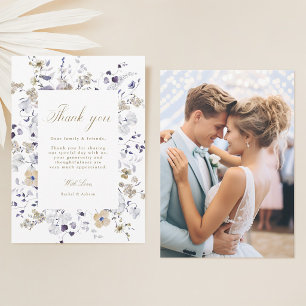 Cartão De Agradecimento Fotos de Casamento Floral Roxo Branco Dourado Româ
