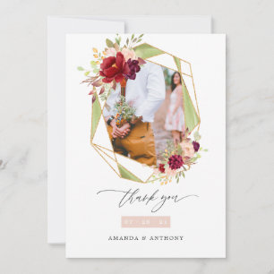 Cartão De Agradecimento Fotos de casamento geométricas em burgundy e blush