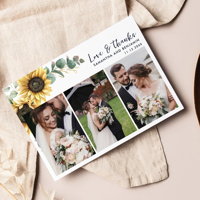 Cartão De Agradecimento Fotos do Dia do Casamento de Sunflower Eucalyptus  (Love and Thanks Wedding Day Photos Thank You Card)