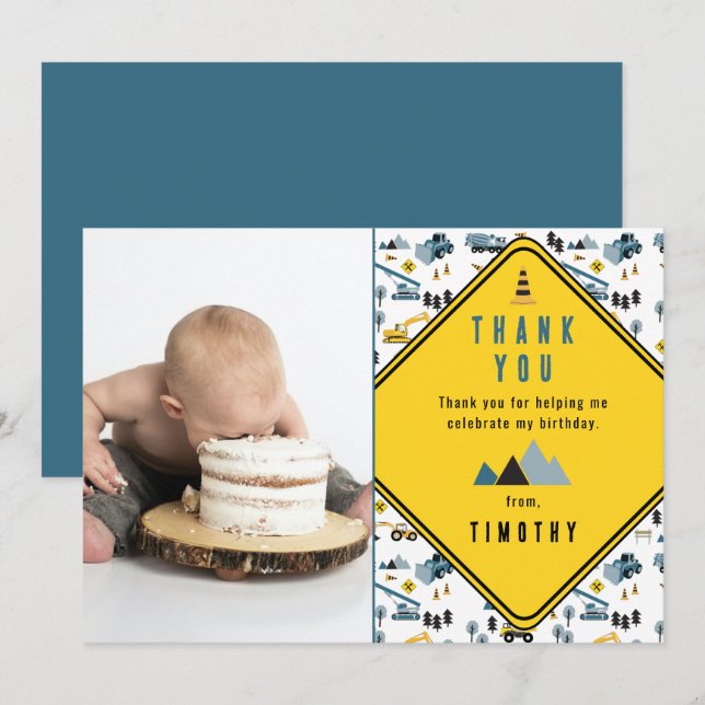 Cartão De Agradecimento Fotos do Local de Caminhões de Construção Azuis na (Frente/Verso)