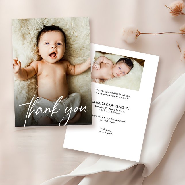 Cartão De Agradecimento Fotos personalizadas do bebê Manual moderno (Simple Text overlay Thank you photo baby card)
