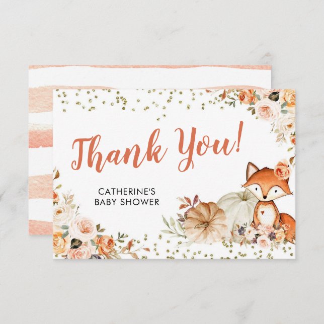 Cartão De Agradecimento Fox Oh Girl Fall Pumpkin Chá de fraldas Obrigado (Frente/Verso)