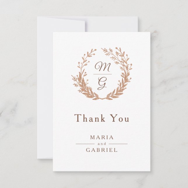 Cartão De Agradecimento Fraço de folhagem do ouro com um monograma. Casame (Frente)