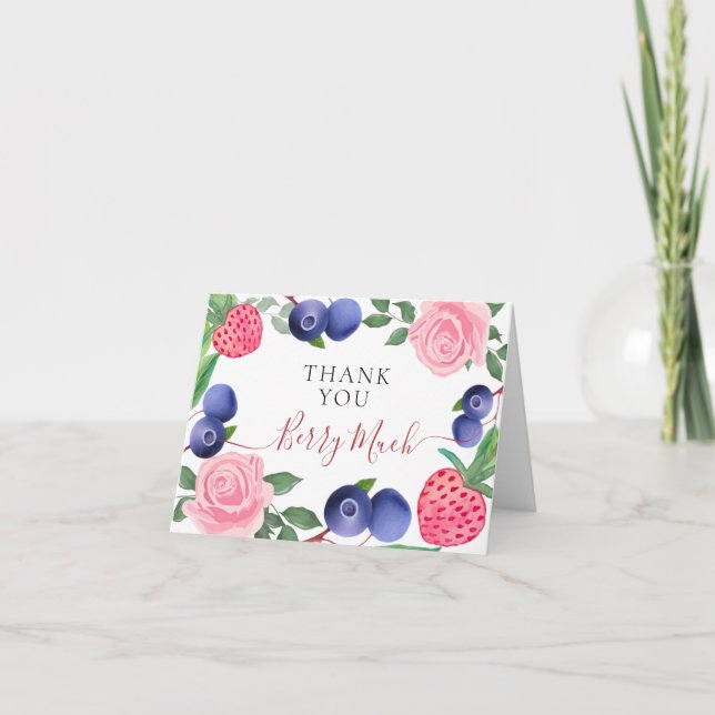 Cartão De Agradecimento Frame de Airelas e Morangos com Rosas Rosa (Frente)