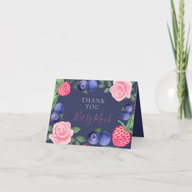 Cartão De Agradecimento Frame de Airelas e Morangos com Rosas Rosa (Frente)