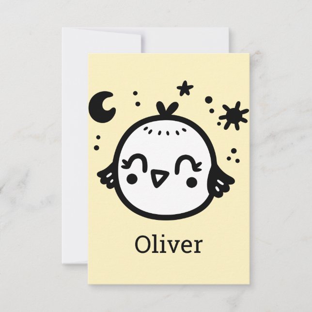 Cartão De Agradecimento Frango Alegre - Arte Linear de Pássaro Kawaii (Frente)