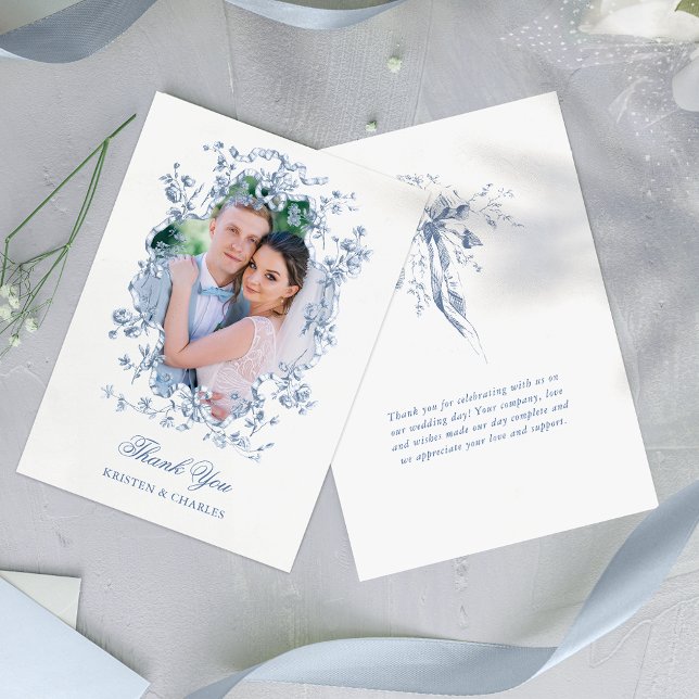 Cartão De Agradecimento French Blue Flowers & Ribbons Wedding Photo (Criador carregado)