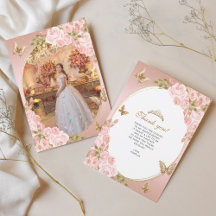 Frente Dourada borboleta rosa embebida Quinceañera