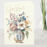 Cartão De Agradecimento FRIEND Feliz Aniversário Floral Religioso<br><div class="desc">Com um cartão de aniversário religioso para um AMIGO QUERIDO com belas flores num vaso e uma imagem católica tradicional da Bem-Aventurada Virgem Maria, Nossa Senhora da Graça. Um versículo das Escrituras está no interior com as flores e o terço. Todo o texto e fontes podem ser modificados.</div>