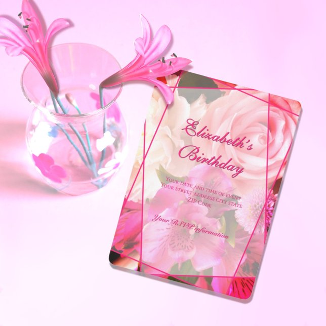 Cartão De Agradecimento Fuchsia Florals Birthday Invitation Card (Criador carregado)