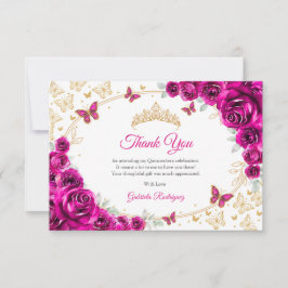 Cartão De Agradecimento Fuchsia Pink Gold Floral Quinceanera