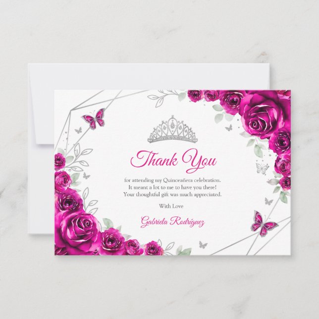 Cartão De Agradecimento Fuchsia Pink Silver Floral Quinceanera (Frente)