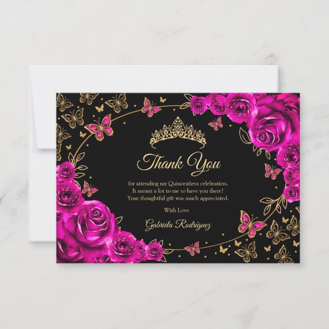 Cartão De Agradecimento Fuchsia Rosa Dourado Quinceanera (Frente)