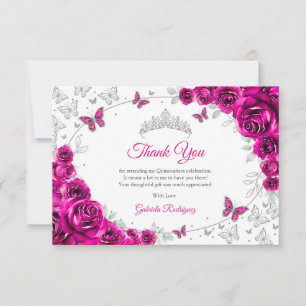 Cartão De Agradecimento Fuchsia Rosa Prata Floral Quinceanera