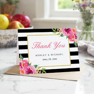 Cartão De Agradecimento Fúcsia Roxo Vermelho Floral Listras Pretas Obrigad