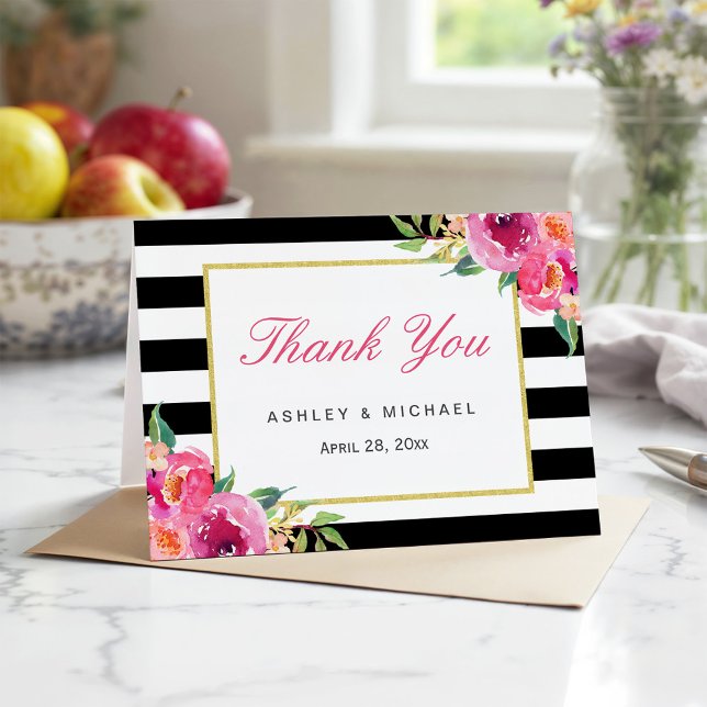 Cartão De Agradecimento Fúcsia Roxo Vermelho Floral Preto Listras Obrigado (Criador carregado)
