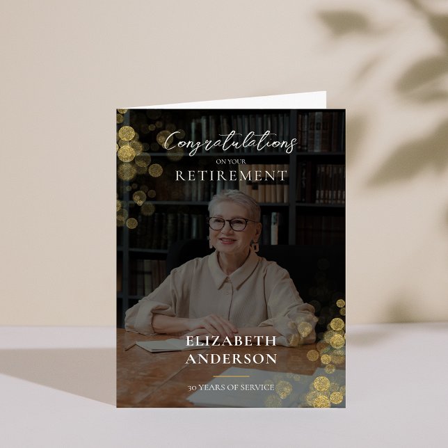 Cartão De Agradecimento Funcionário de Baixa de Confetti Dourada de Fotogr (Custom Photo Gold Confetti Retirement Employee Thank You Card)