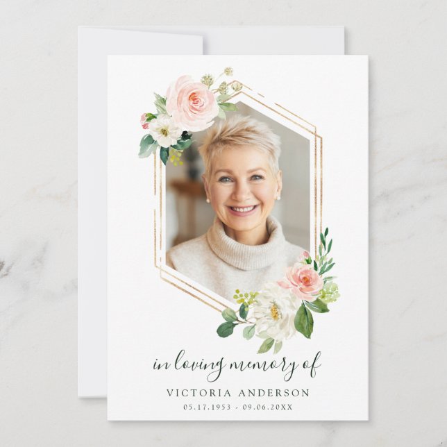 Cartão De Agradecimento Funeral de Hexágono Dourado Blush White Bloom (Frente)