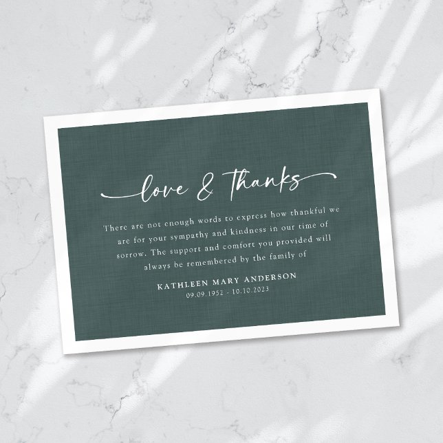 Cartão De Agradecimento Funeral de Script de Efeito de Linen Verde Simples (Criador carregado)