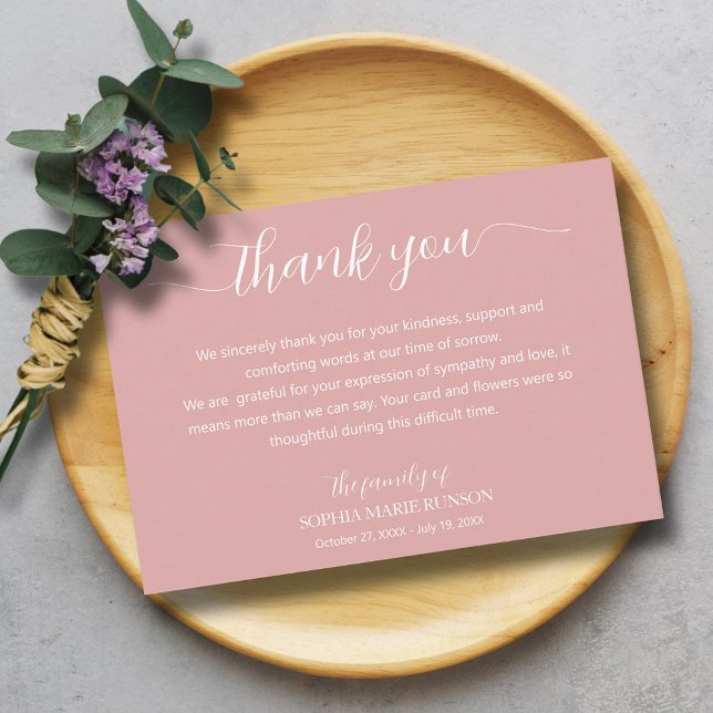Cartão De Agradecimento Funeral de Script Elegante (Elegant script pink funeral thank you cards)
