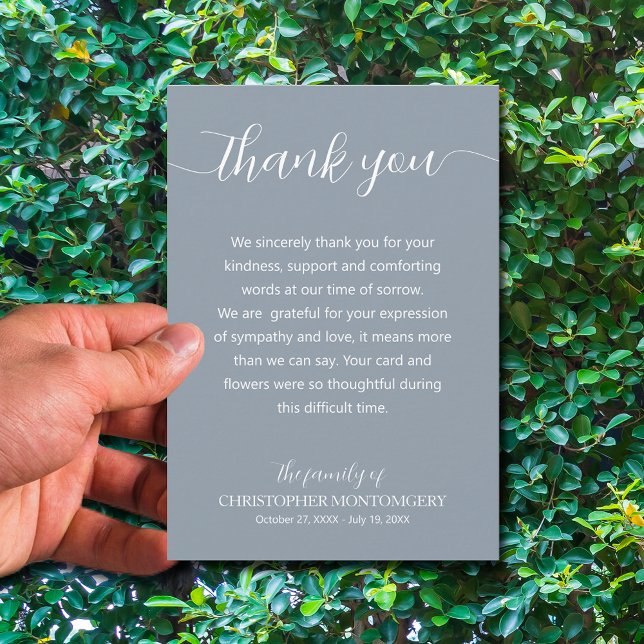 Cartão De Agradecimento Funeral de Script Elegante (Simple blue funeral thank you cards are 3.5" x 5" or choose a different size)