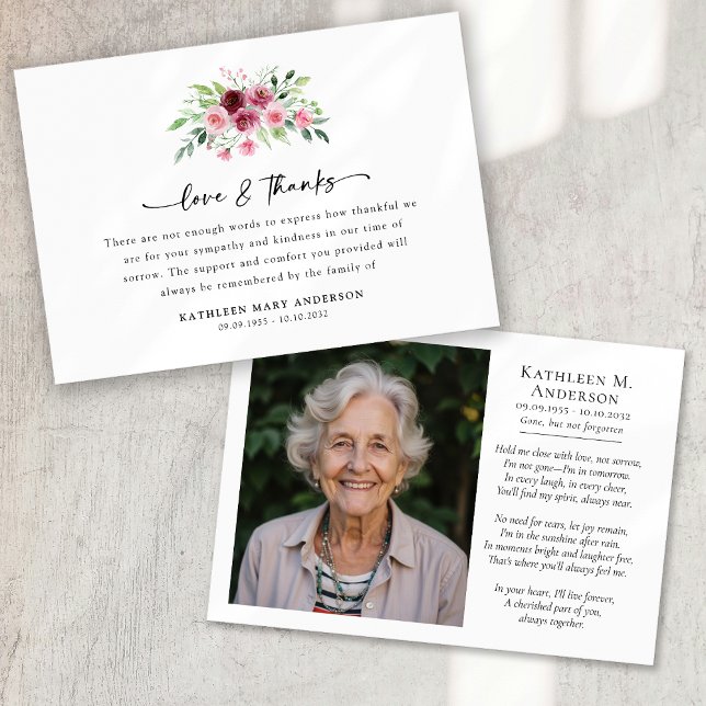Cartão De Agradecimento Funeral de Script Floral de Foto (Criador carregado)