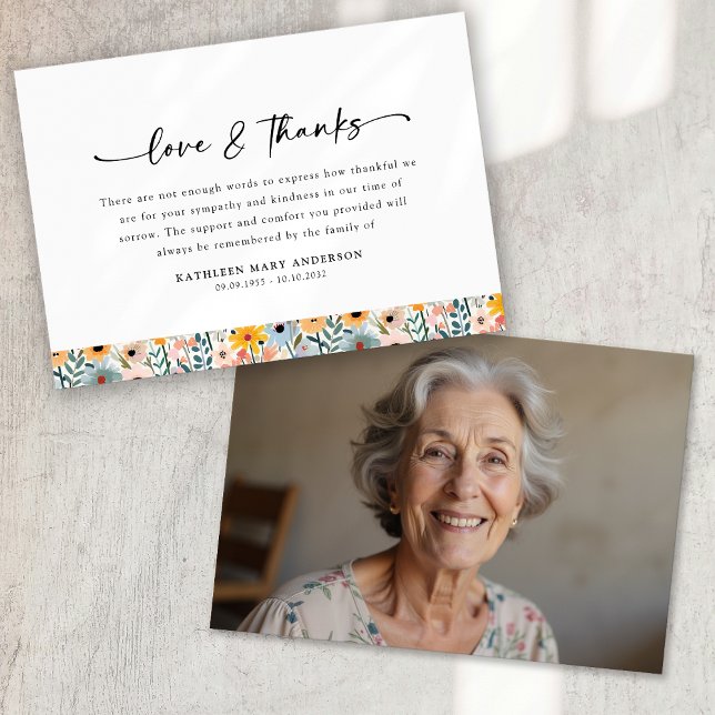 Cartão De Agradecimento Funeral de Script Floral de Foto (Criador carregado)